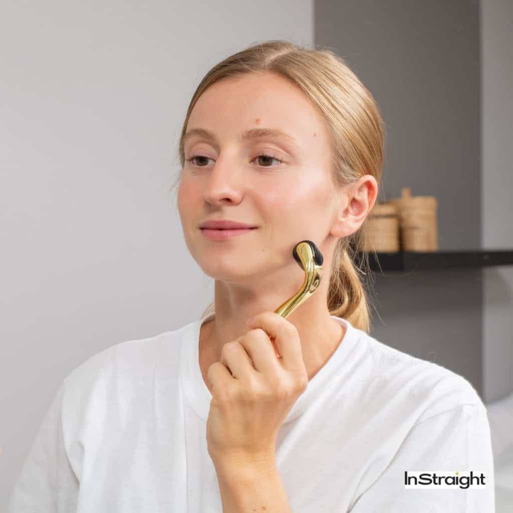 blonde girl using a derma roller on her face but how often to use derma roller?